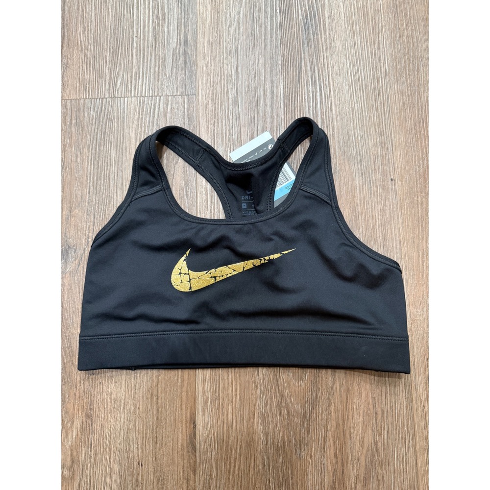 Nike Victory Womens Medium Black Gold Cracked Glitter Swoosh Sports Bra